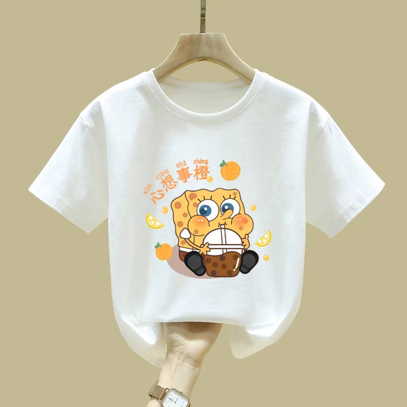 SpongeBob t-shirt, short-sleeved, pure cotton, 2024 summer dopamine fashion, boys' and girls' striped half-sleeves