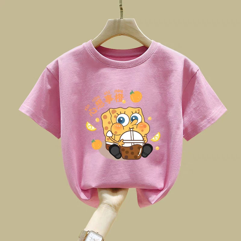 SpongeBob t-shirt, short-sleeved, pure cotton, 2024 summer dopamine fashion, boys' and girls' striped half-sleeves