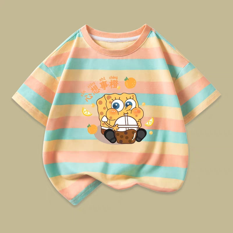 SpongeBob t-shirt, short-sleeved, pure cotton, 2024 summer dopamine fashion, boys' and girls' striped half-sleeves