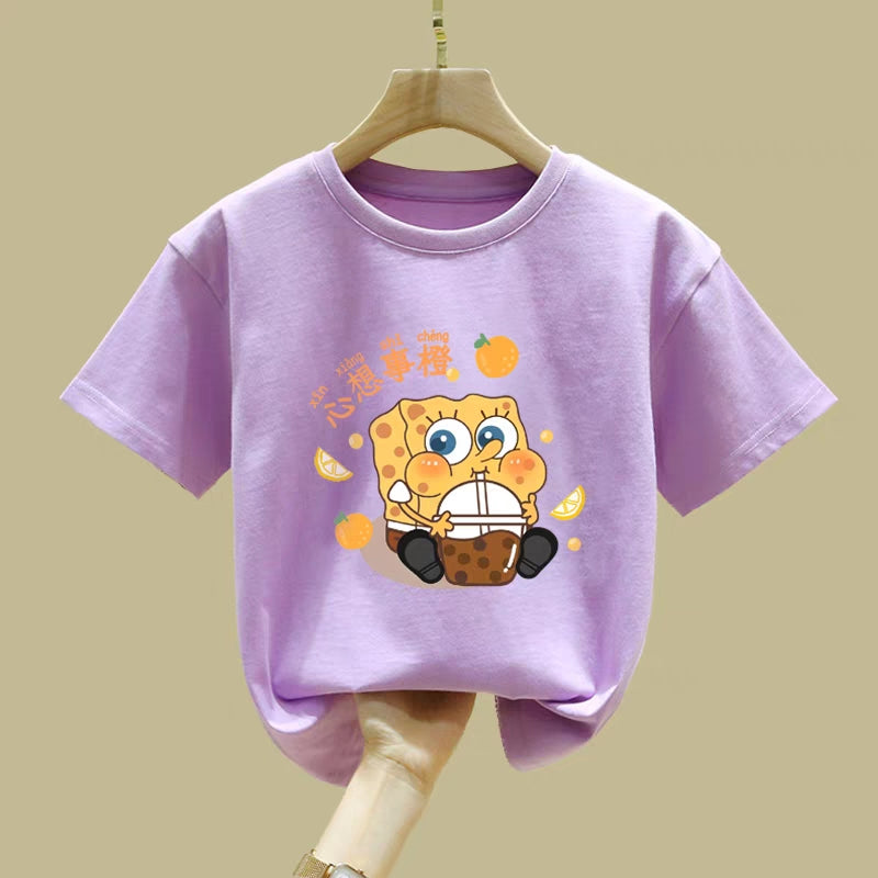 SpongeBob t-shirt, short-sleeved, pure cotton, 2024 summer dopamine fashion, boys' and girls' striped half-sleeves