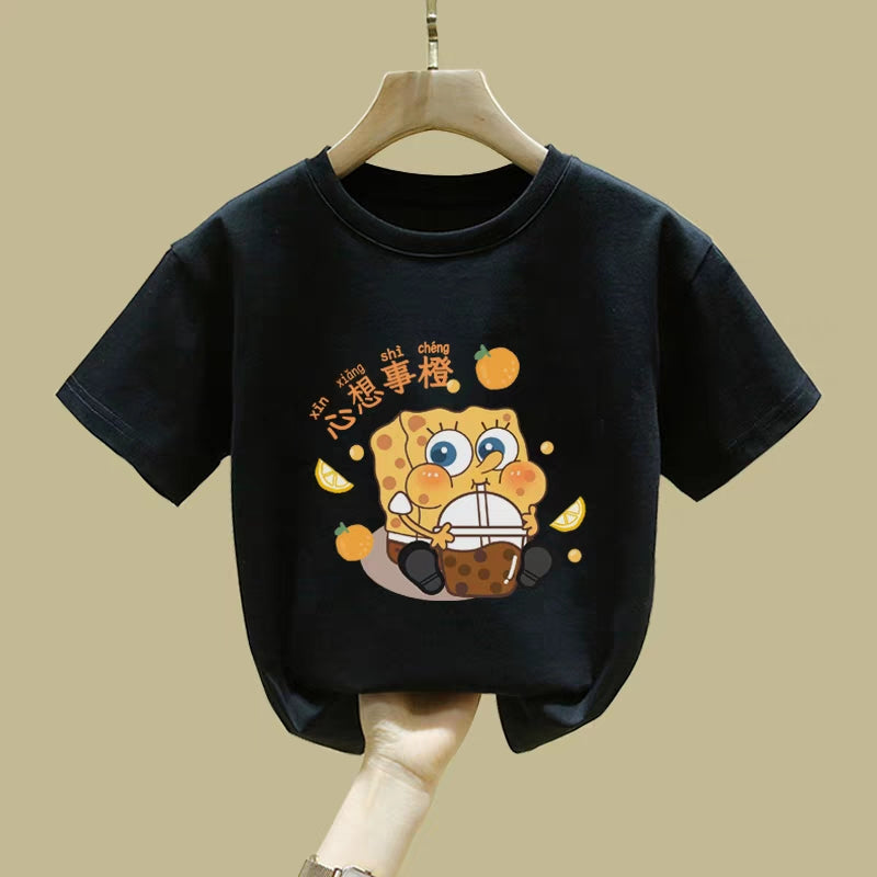 SpongeBob t-shirt, short-sleeved, pure cotton, 2024 summer dopamine fashion, boys' and girls' striped half-sleeves