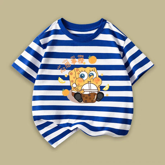 SpongeBob t-shirt, short-sleeved, pure cotton, 2024 summer dopamine fashion, boys' and girls' striped half-sleeves